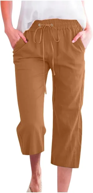 Cargo Capris for Women Casual 2025 Summer Drawstring Elastic High Waist Linen Pant Cropped Comfy Trousers