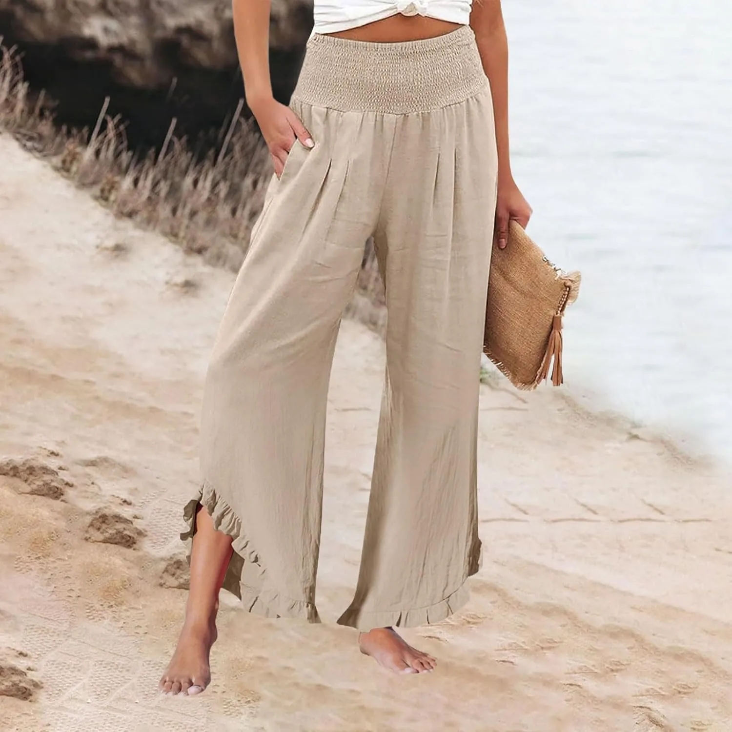Cargo Pants Women,Womens Capris with Pockets Elastic High Waisted Linen Wide Leg Summer Pants for Women Trendy 2025