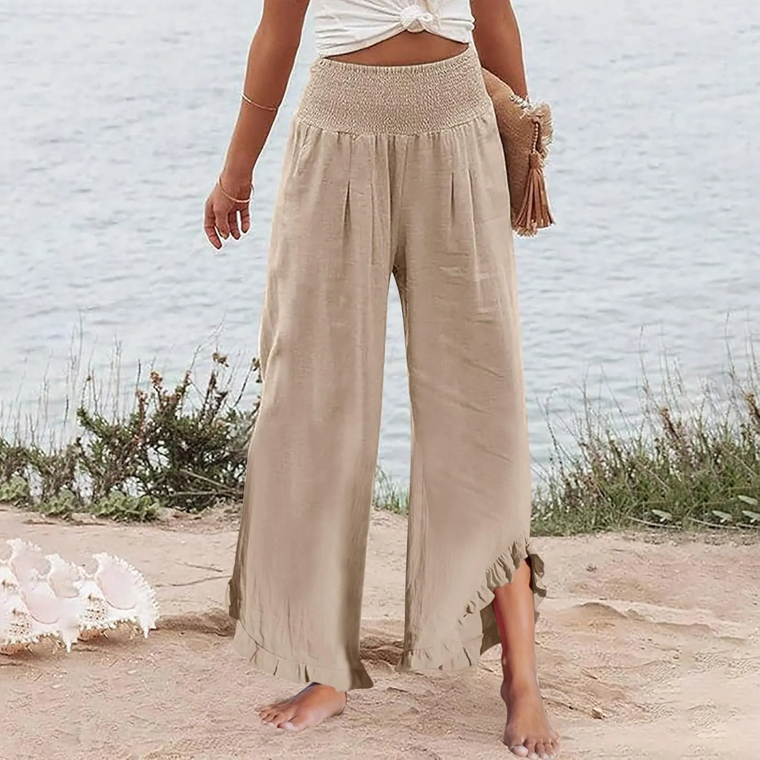Cargo Pants Women,Womens Capris with Pockets Elastic High Waisted Linen Wide Leg Summer Pants for Women Trendy 2025
