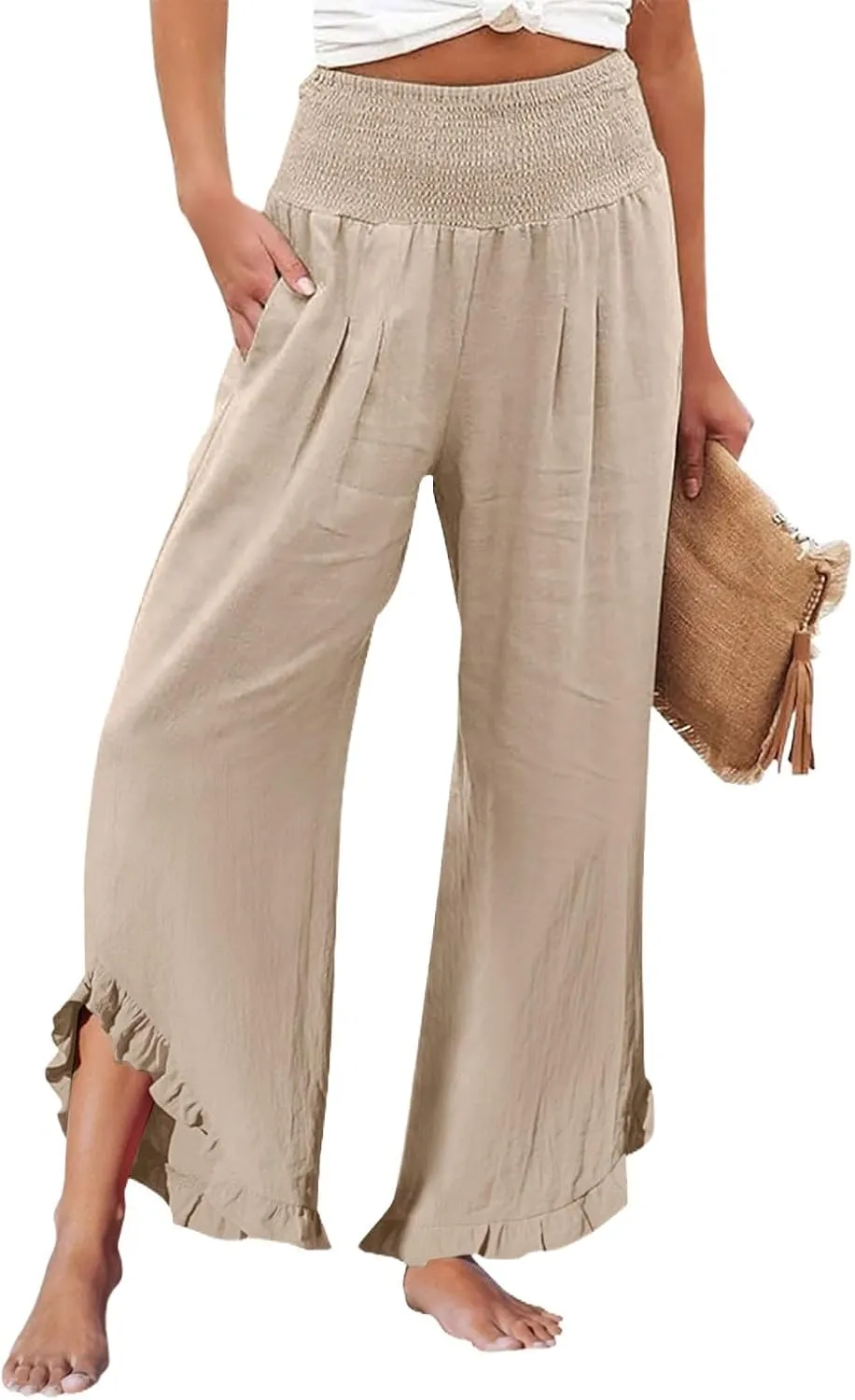Cargo Pants Women,Womens Capris with Pockets Elastic High Waisted Linen Wide Leg Summer Pants for Women Trendy 2025