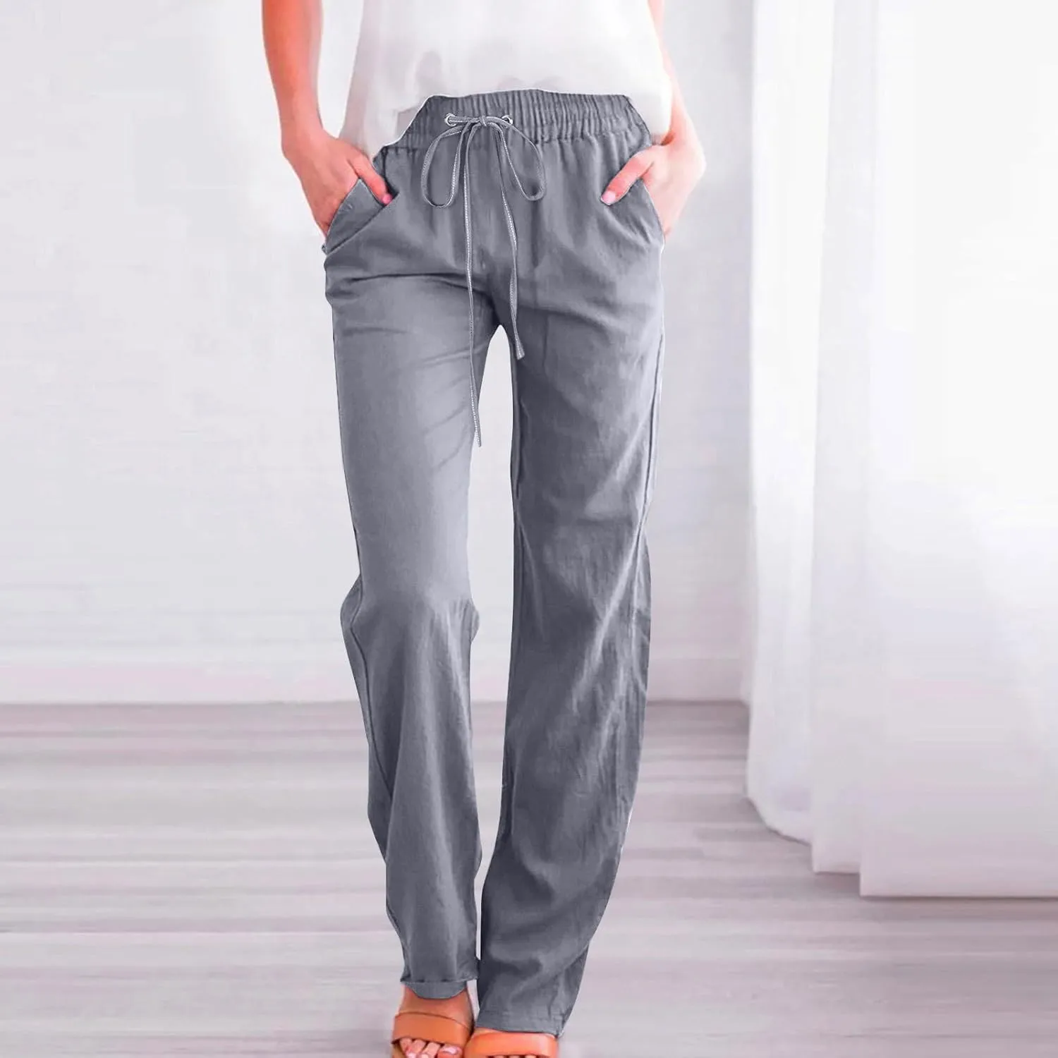 Casual Linen Pants Women Lounge Pants High Waist Drawstring Loose Fit 2025 Summer Trousers with Side Pockets Slacks