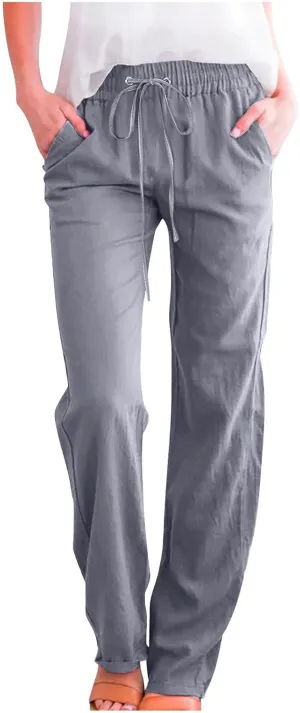 Casual Linen Pants Women Lounge Pants High Waist Drawstring Loose Fit 2025 Summer Trousers with Side Pockets Slacks