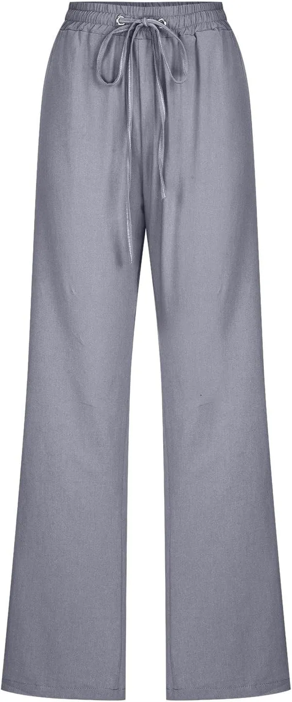 Casual Linen Pants Women Lounge Pants High Waist Drawstring Loose Fit 2025 Summer Trousers with Side Pockets Slacks