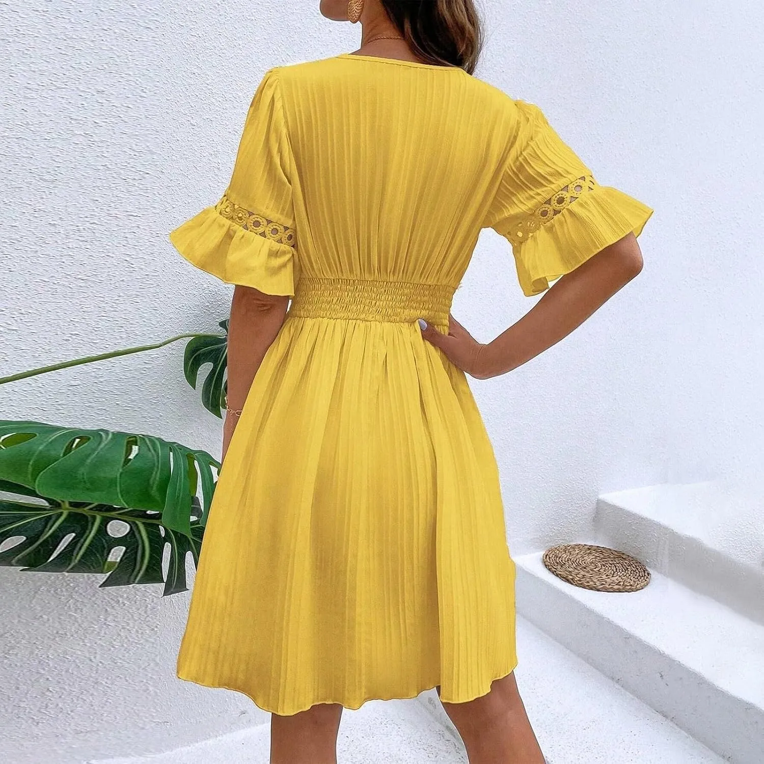 Casual Spring Mini Dress for Women Lace Plunging Patchwork V Neck Long Sleeve Ruffled A Line Beach Tunic Dress