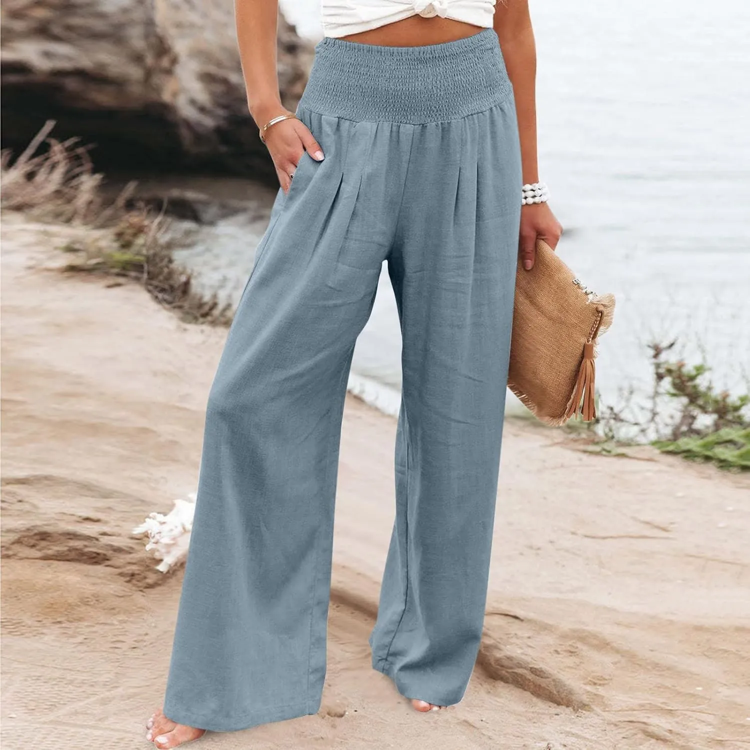 Ceboyel Women's Flowy Summer Pants Wide Leg Palazzo Pant High Waisted Trousers Loose Fitting Trendy Casual Vacation Outfits