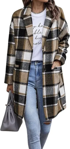 CHARTOU Women's Plaid Shacket Causal Notched Collar Wool Blend Tartan Blazer Trench Coat