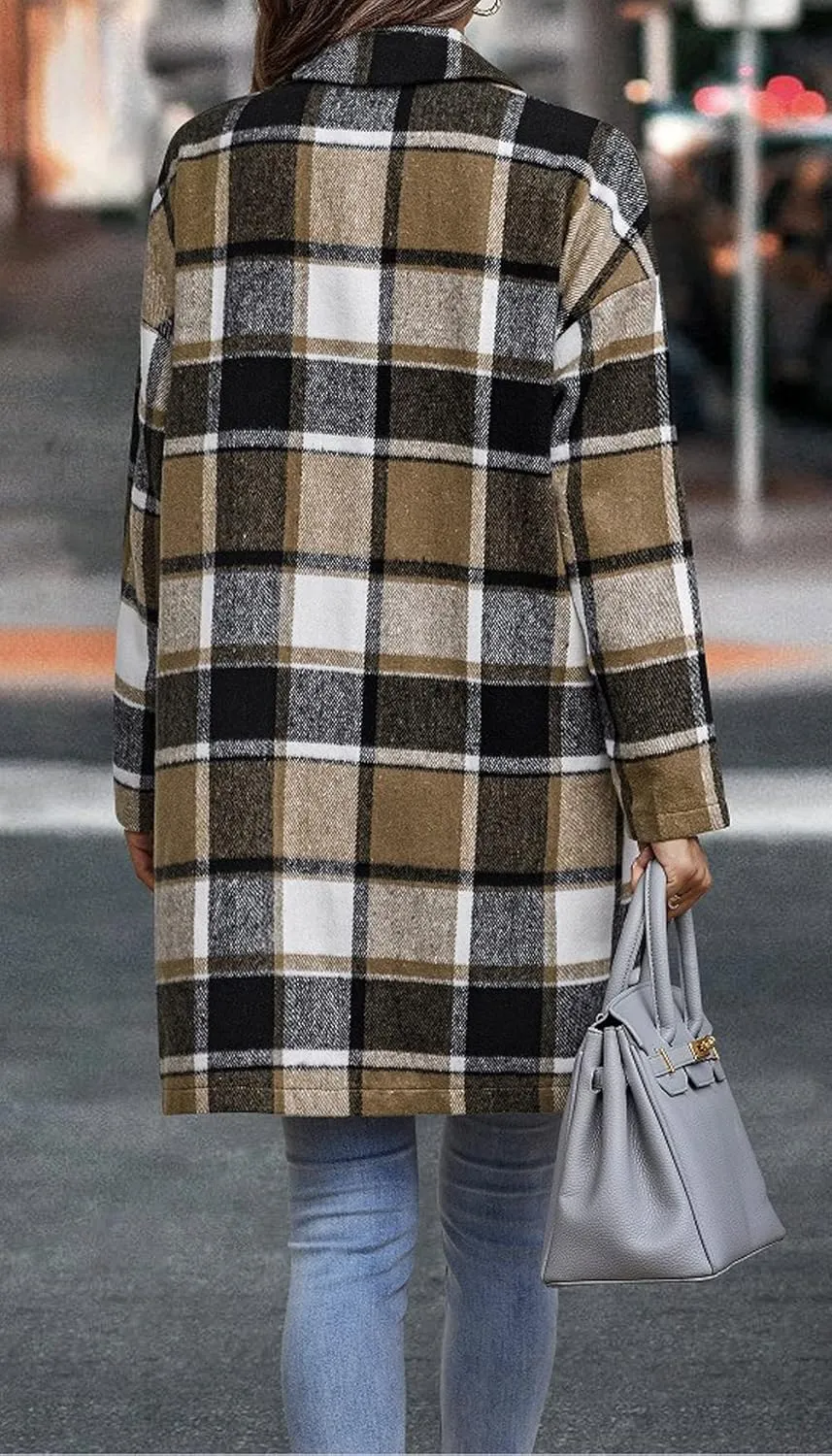 CHARTOU Women's Plaid Shacket Causal Notched Collar Wool Blend Tartan Blazer Trench Coat