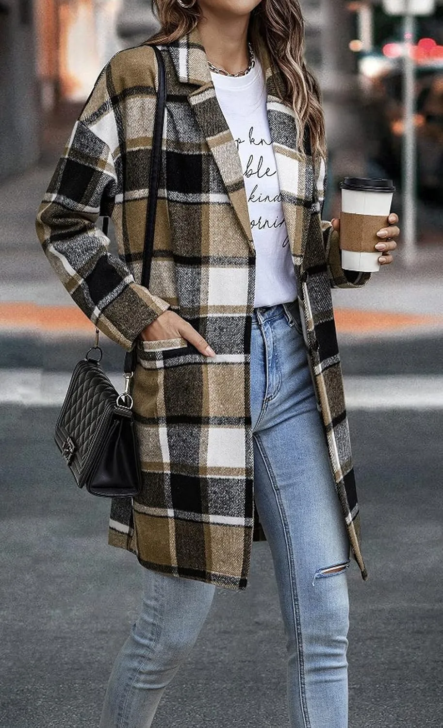 CHARTOU Women's Plaid Shacket Causal Notched Collar Wool Blend Tartan Blazer Trench Coat