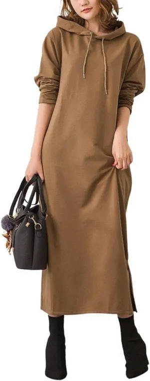 chouyatou Women's Basic Solid Long Sleeve Sweatshirt Hoodie Maxi Dress With Pockets