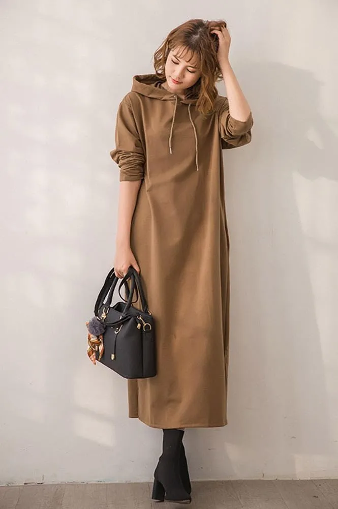 chouyatou Women's Basic Solid Long Sleeve Sweatshirt Hoodie Maxi Dress With Pockets