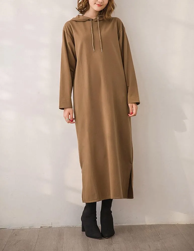 chouyatou Women's Basic Solid Long Sleeve Sweatshirt Hoodie Maxi Dress With Pockets