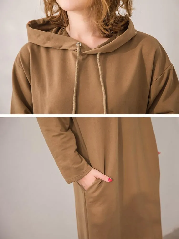 chouyatou Women's Basic Solid Long Sleeve Sweatshirt Hoodie Maxi Dress With Pockets