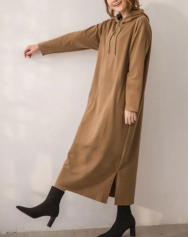 chouyatou Women's Basic Solid Long Sleeve Sweatshirt Hoodie Maxi Dress With Pockets