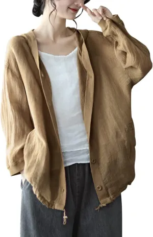 chouyatou Women's Spring Summer Oversized Button Down Hooded Linen Shirt Jacket Top