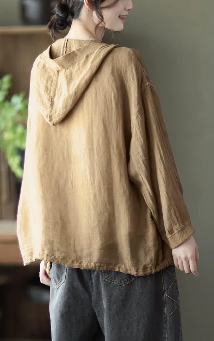 chouyatou Women's Spring Summer Oversized Button Down Hooded Linen Shirt Jacket Top
