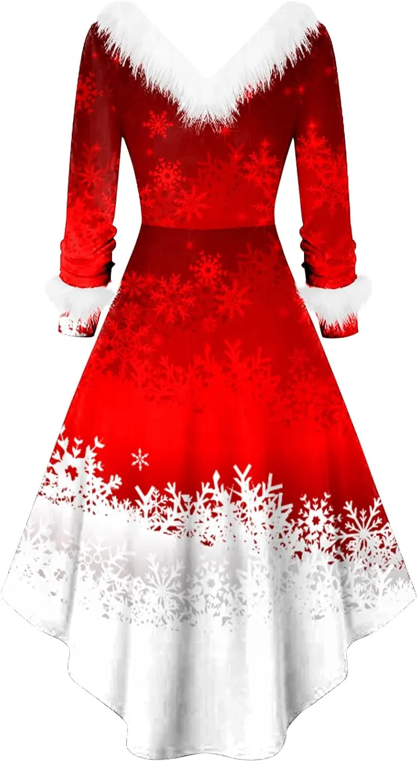 Christmas Dress for Women Elegant Vintage Long Sleeve V-Neck Off Shoulder Asymmetrical Retro Tunic A Line Dress
