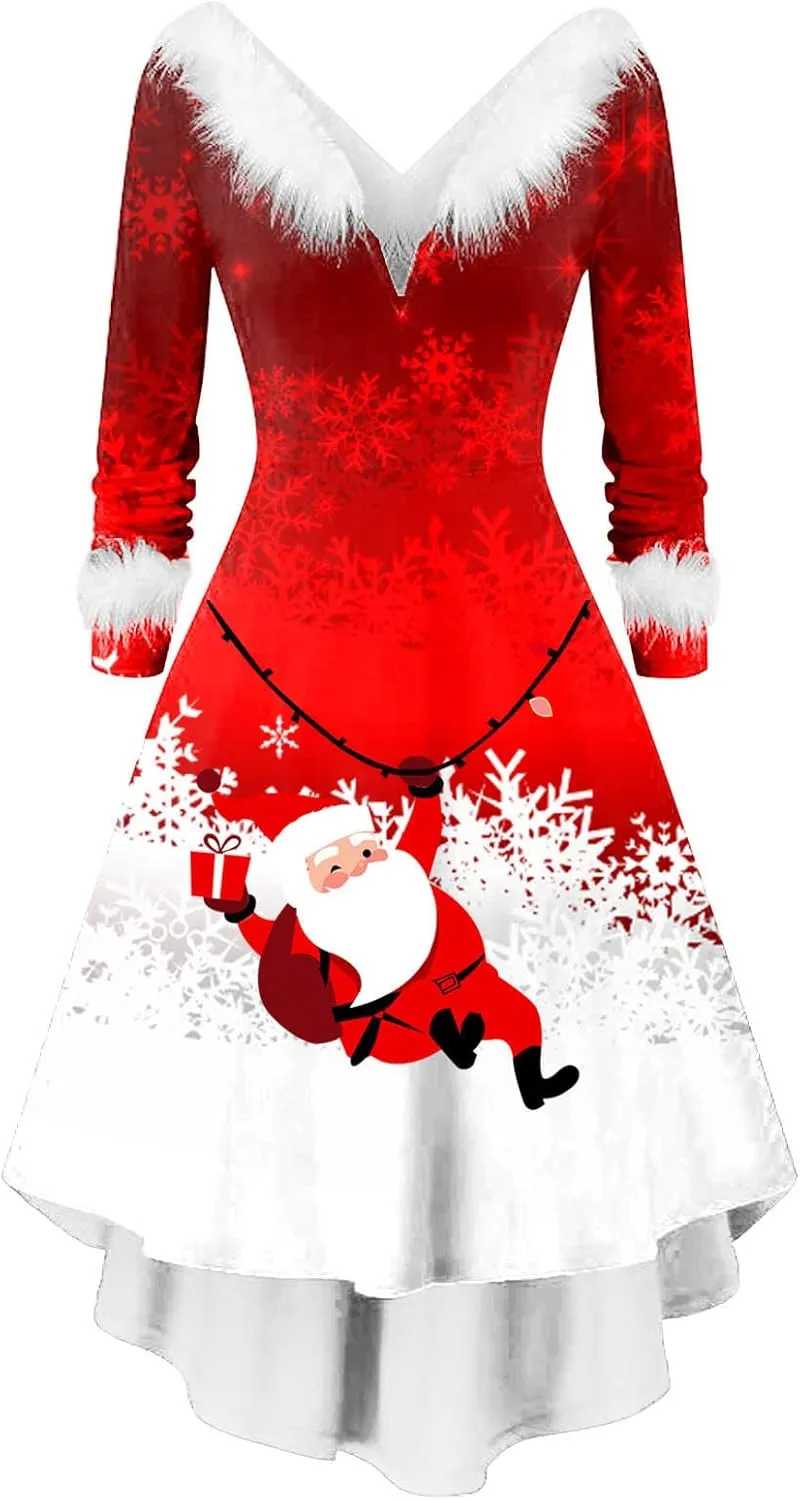 Christmas Dress for Women Elegant Vintage Long Sleeve V-Neck Off Shoulder Asymmetrical Retro Tunic A Line Dress