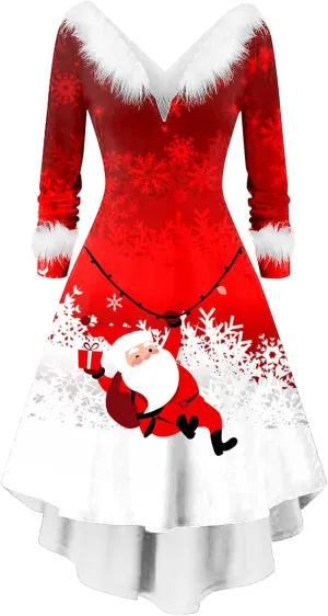Christmas Dress for Women Elegant Vintage Long Sleeve V-Neck Off Shoulder Asymmetrical Retro Tunic A Line Dress