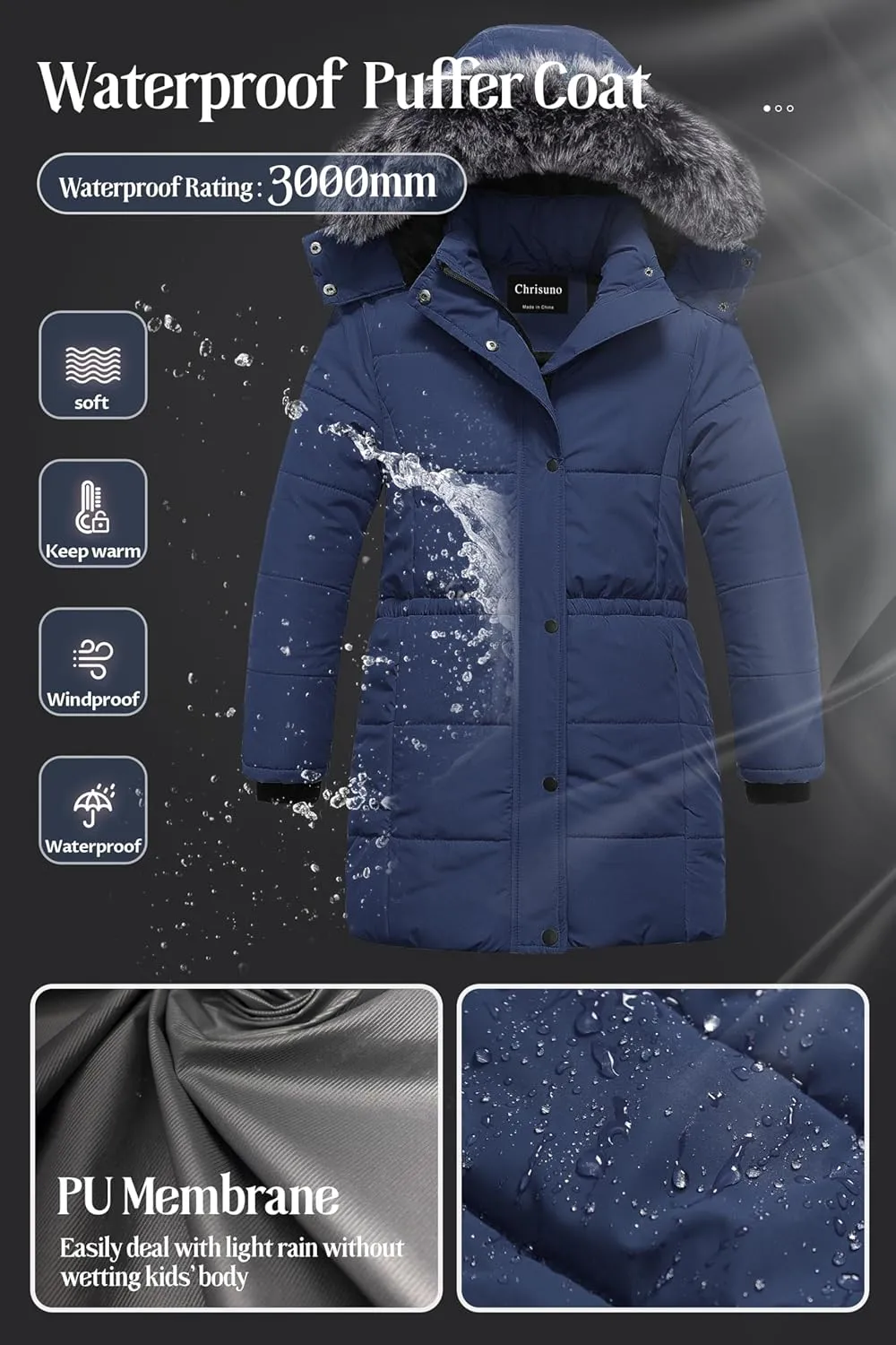 Chrisuno Girl's Long Parka Warm Winter Coat Water Resistant Quilted Puffer Jacket Snow Outwear