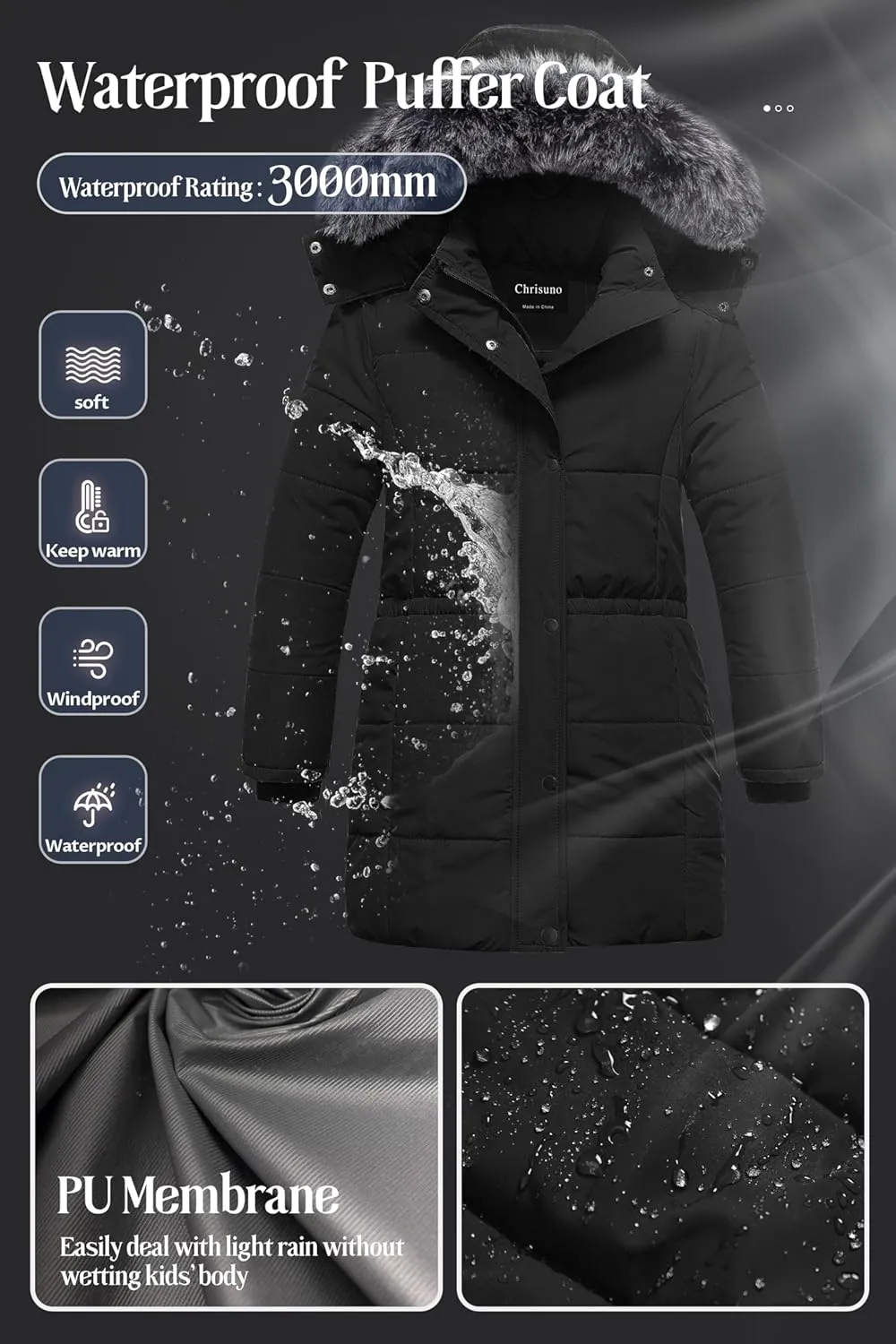 Chrisuno Girl's Long Parka Warm Winter Coat Water Resistant Quilted Puffer Jacket Snow Outwear