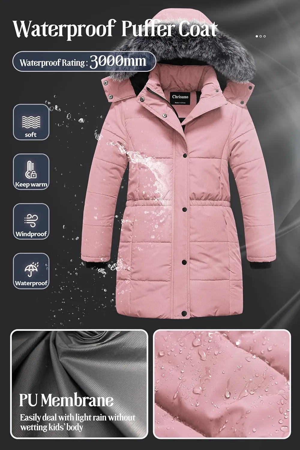 Chrisuno Girl's Long Parka Warm Winter Coat Water Resistant Quilted Puffer Jacket Snow Outwear