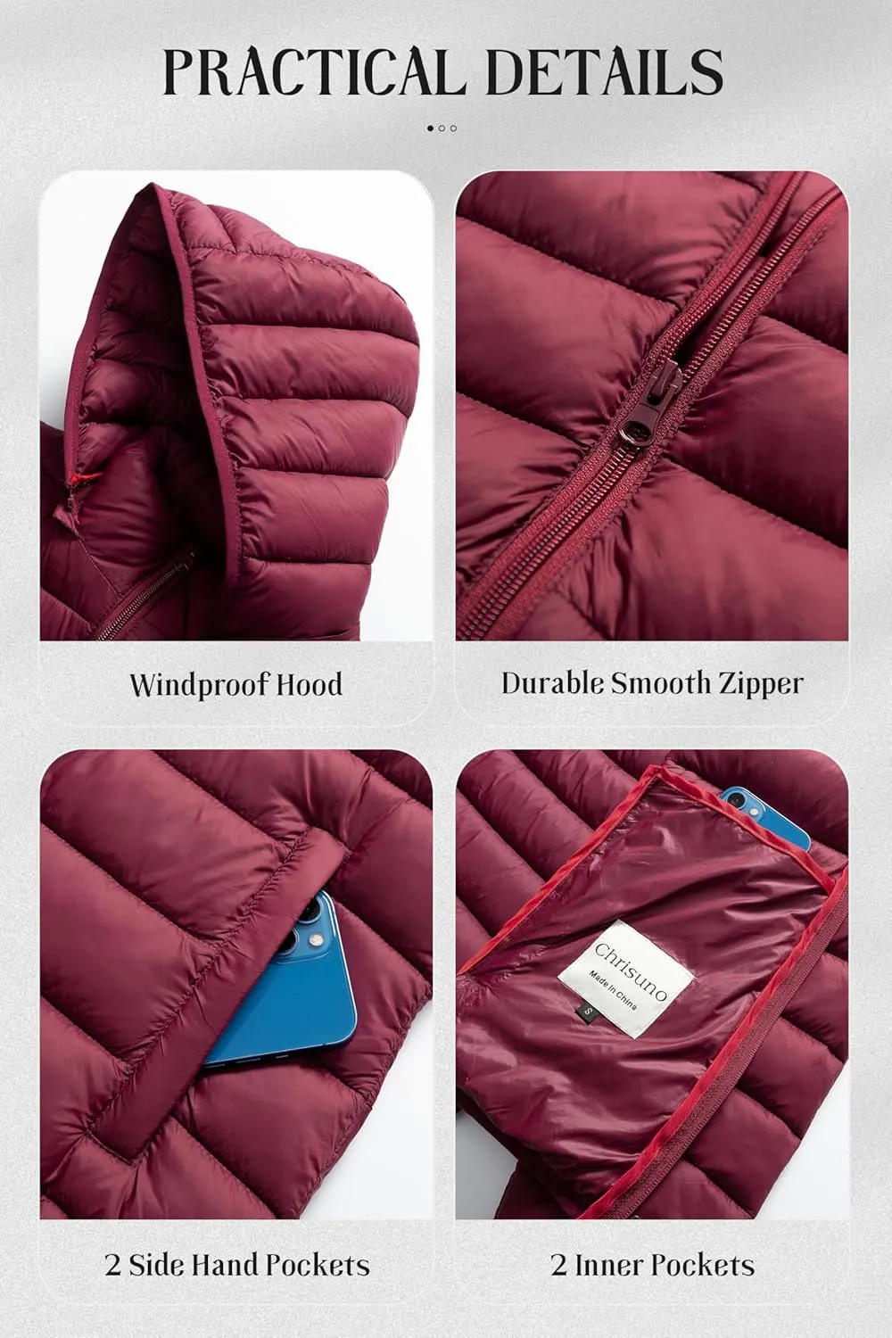 Chrisuno Women's Lightweight Short Puffer Jacket Packable Quilt Warm Winter Coat with Removable Hood