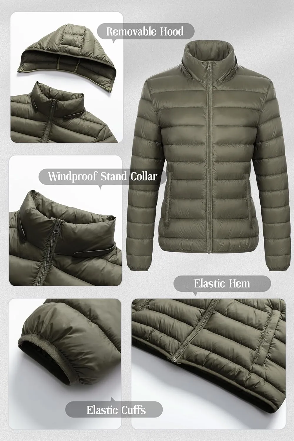 Chrisuno Women's Lightweight Short Puffer Jacket Packable Quilt Warm Winter Coat with Removable Hood