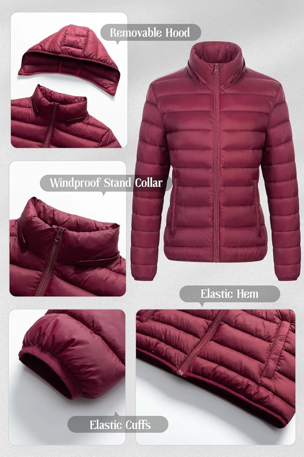 Chrisuno Women's Lightweight Short Puffer Jacket Packable Quilt Warm Winter Coat with Removable Hood
