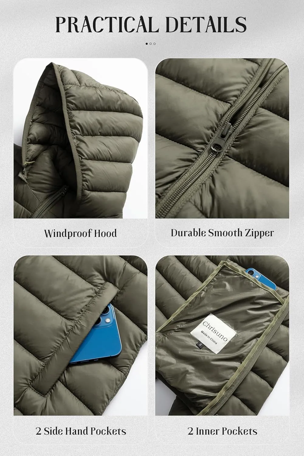 Chrisuno Women's Lightweight Short Puffer Jacket Packable Quilt Warm Winter Coat with Removable Hood