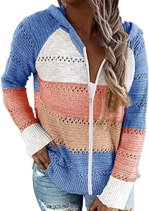 Color Block Hoodie Women V Neck Hooded Sweater Hollow Out Knitted Sweatshirts Y2K Long Sleeve Fall Sweatshirt