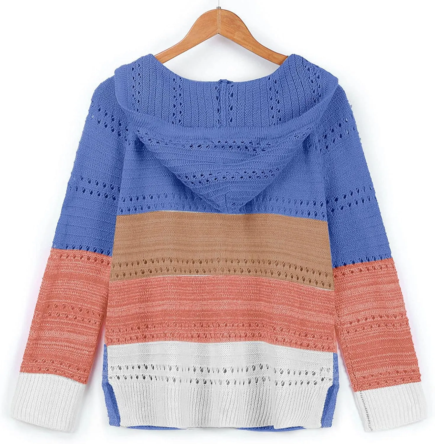 Color Block Hoodie Women V Neck Hooded Sweater Hollow Out Knitted Sweatshirts Y2K Long Sleeve Fall Sweatshirt