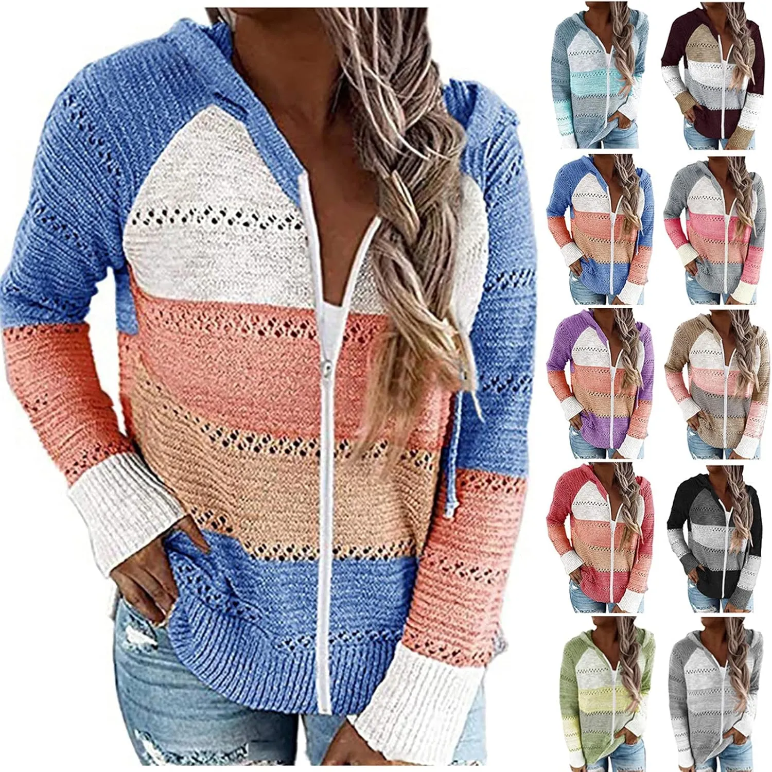 Color Block Hoodie Women V Neck Hooded Sweater Hollow Out Knitted Sweatshirts Y2K Long Sleeve Fall Sweatshirt
