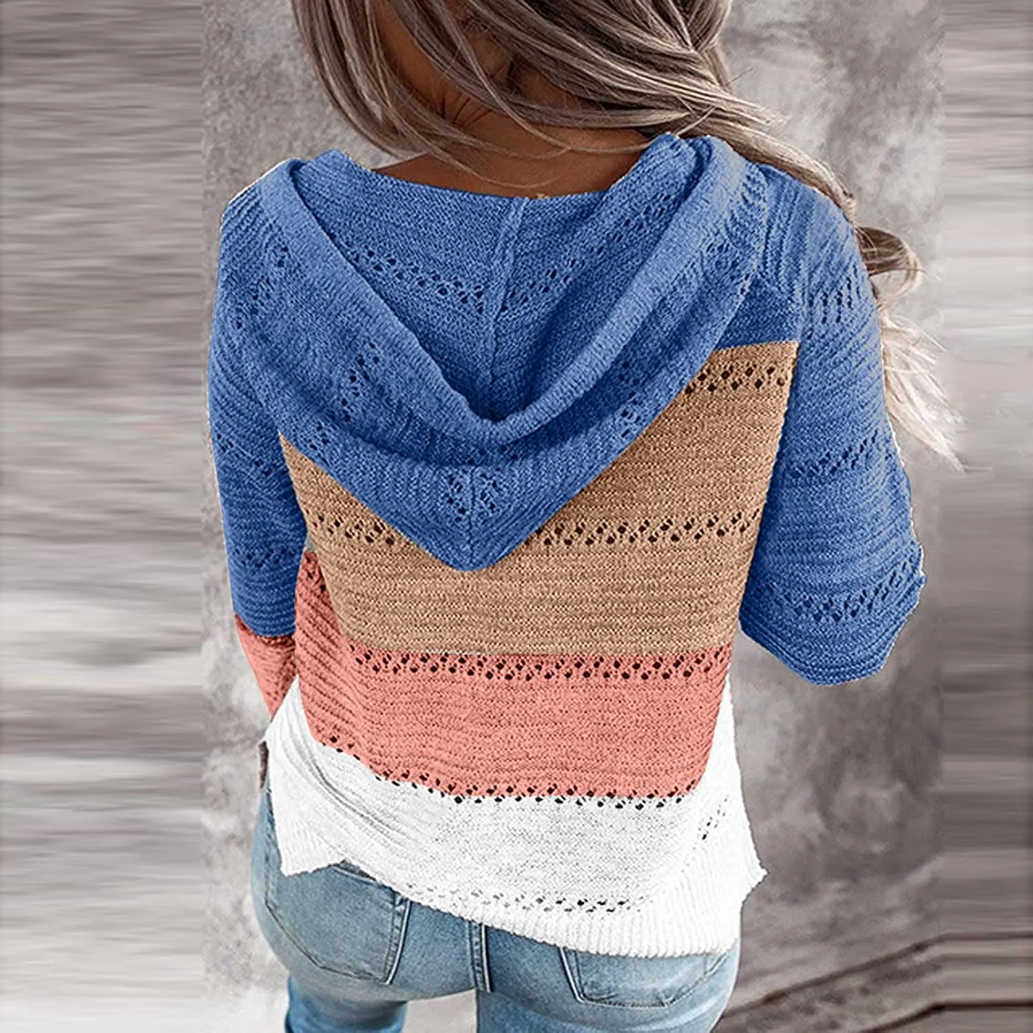Color Block Hoodie Women V Neck Hooded Sweater Hollow Out Knitted Sweatshirts Y2K Long Sleeve Fall Sweatshirt
