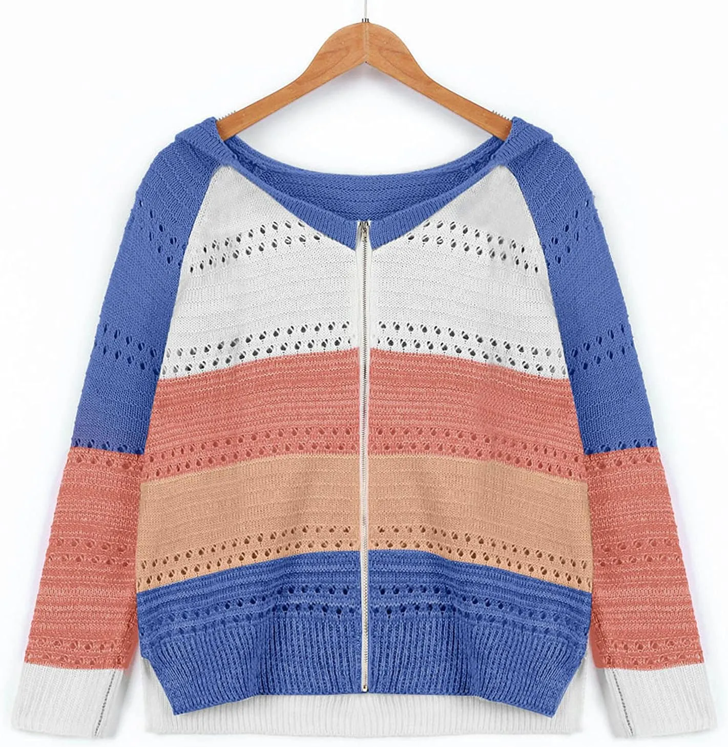 Color Block Hoodie Women V Neck Hooded Sweater Hollow Out Knitted Sweatshirts Y2K Long Sleeve Fall Sweatshirt