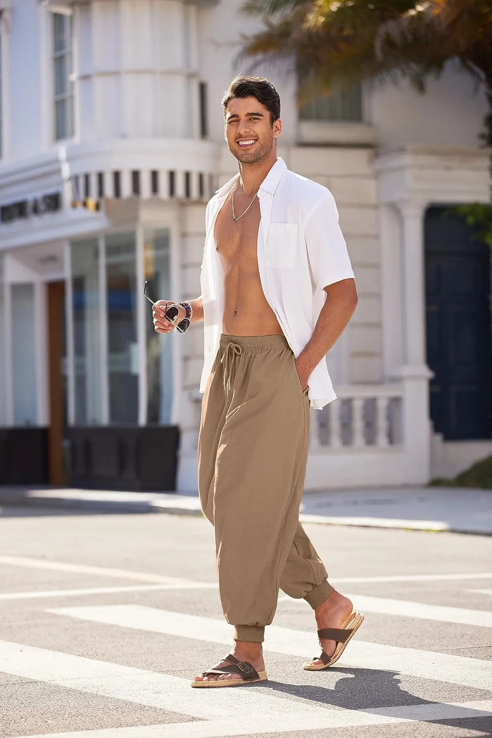 COOFANDY Men Hippie Harem Pants Baggy Linen Cotton Boho Yoga Pants Summer Beach Pants Casual Drop Crotch Trouser