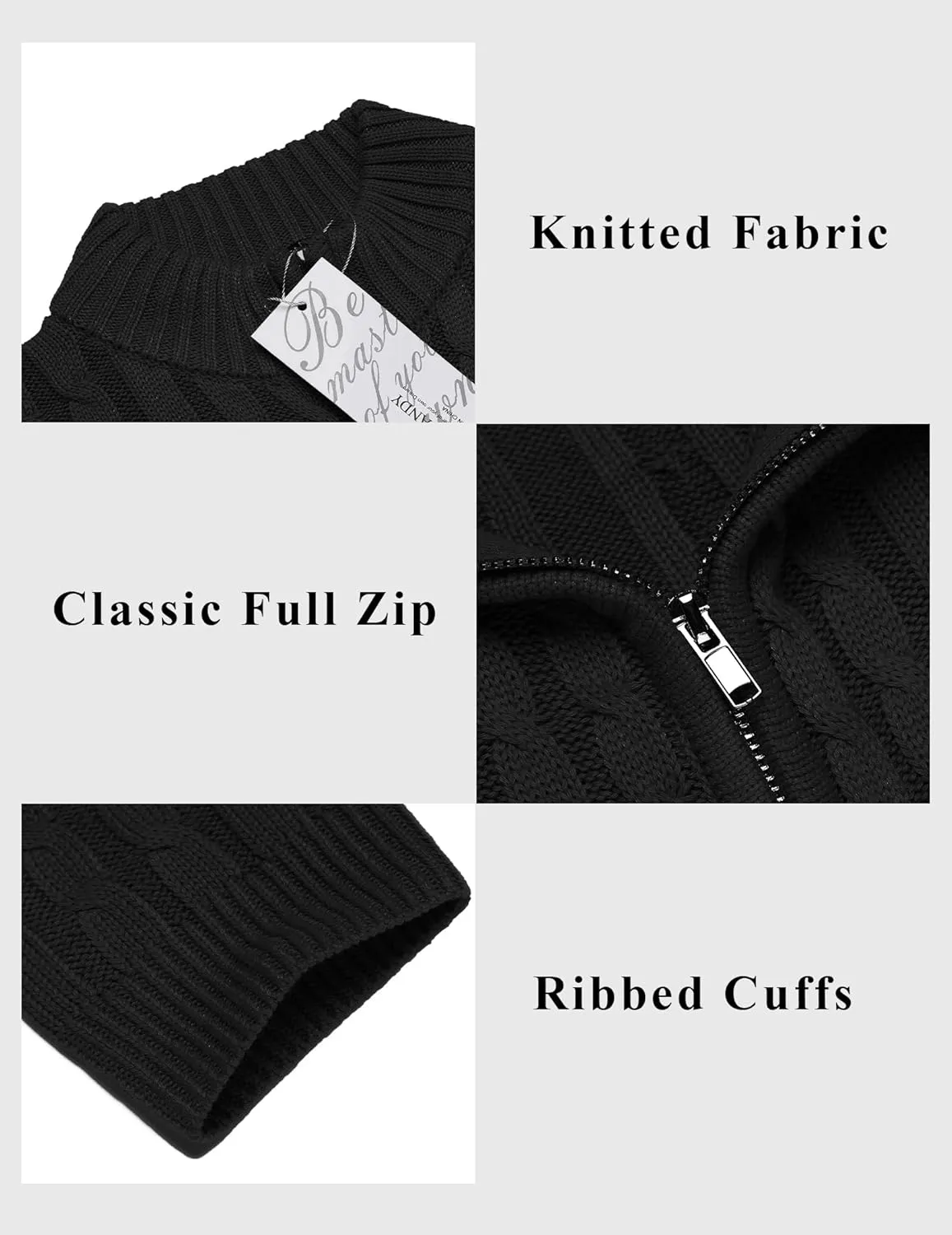 COOFANDY Men's Full Zip Cardigan Sweater Slim Fit Cable Knitted Zip Up Sweater with Pockets
