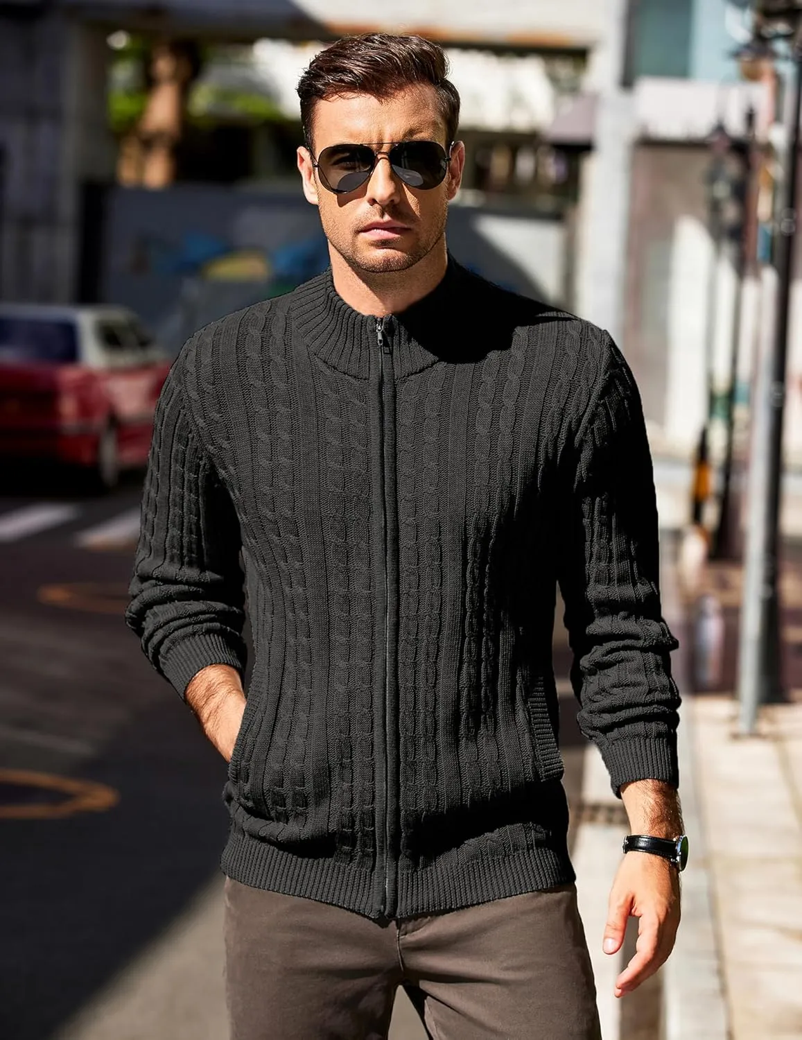 COOFANDY Men's Full Zip Cardigan Sweater Slim Fit Cable Knitted Zip Up Sweater with Pockets