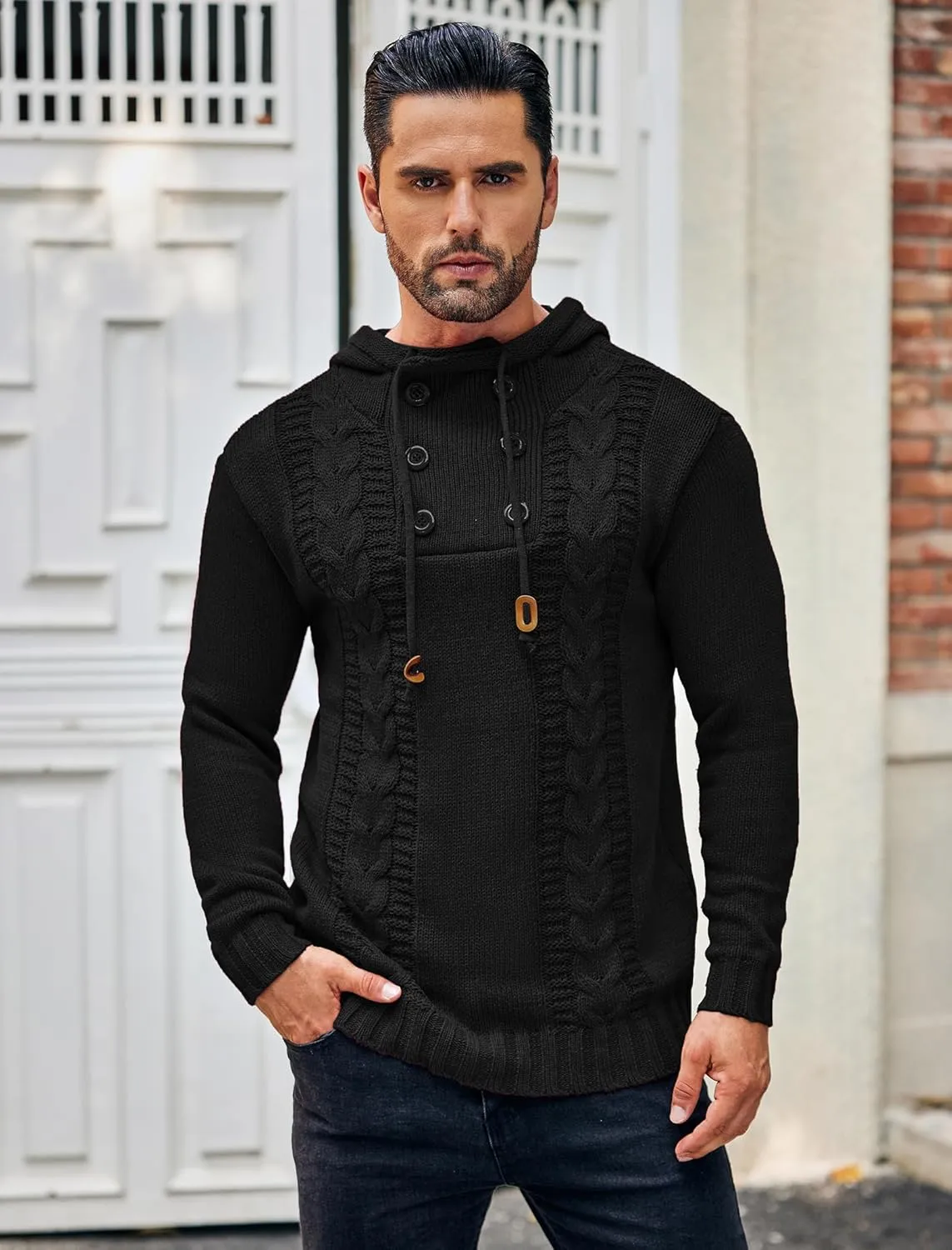 COOFANDY Men's Knitted Hoodies Pullover Casual Long Sleeve Turtleneck Sweaters