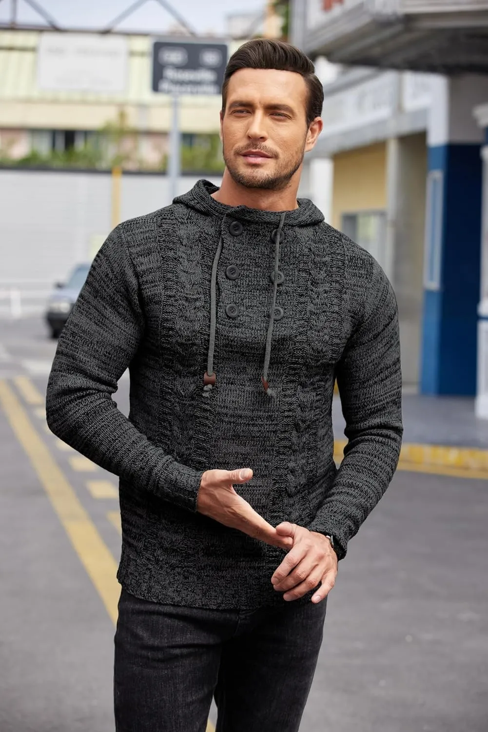 COOFANDY Men's Knitted Hoodies Pullover Casual Long Sleeve Turtleneck Sweaters