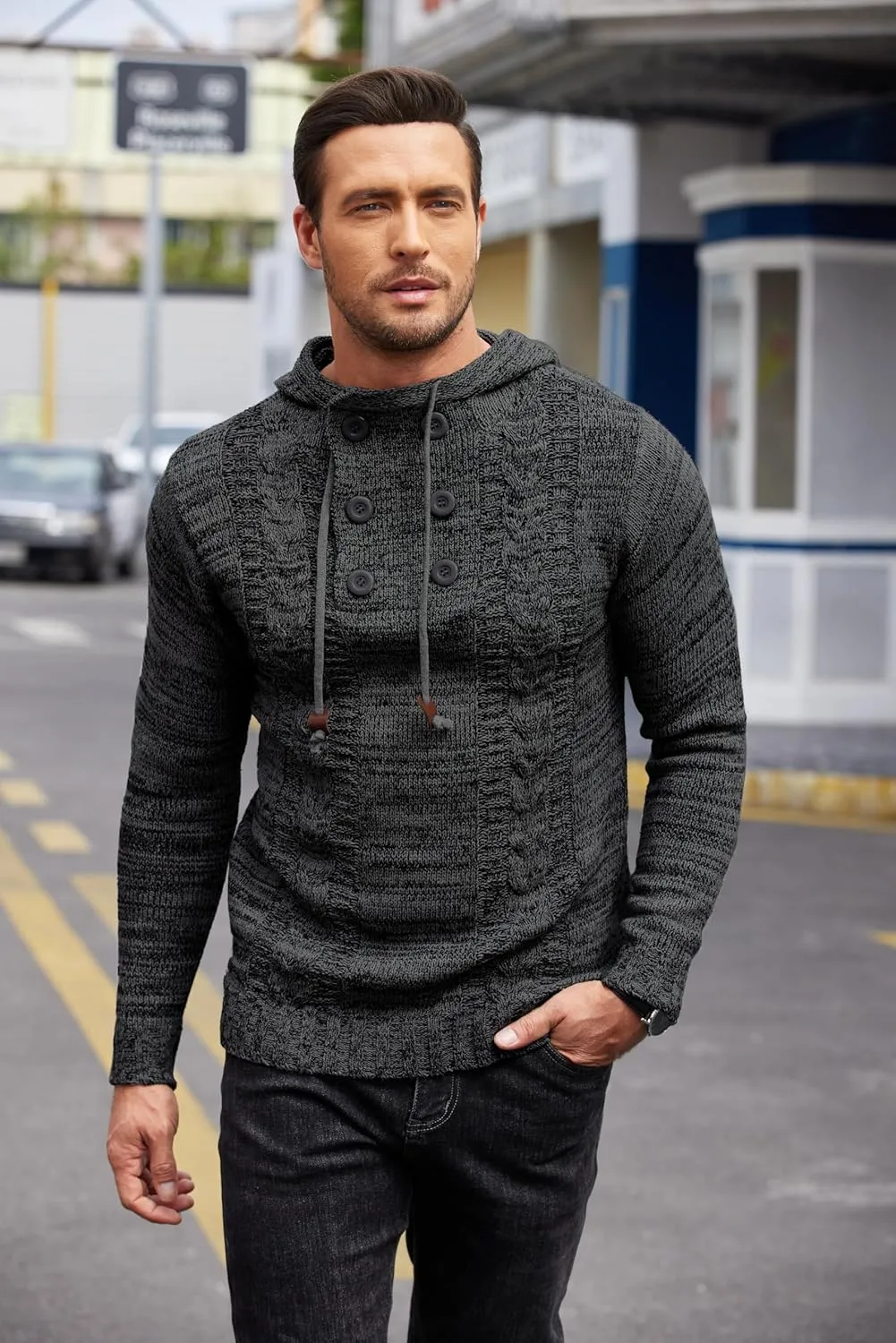 COOFANDY Men's Knitted Hoodies Pullover Casual Long Sleeve Turtleneck Sweaters