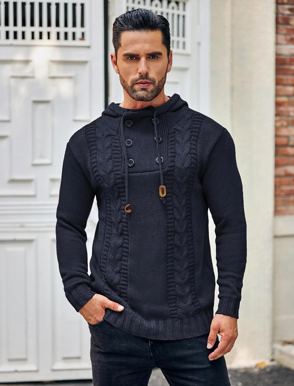COOFANDY Men's Knitted Hoodies Pullover Casual Long Sleeve Turtleneck Sweaters