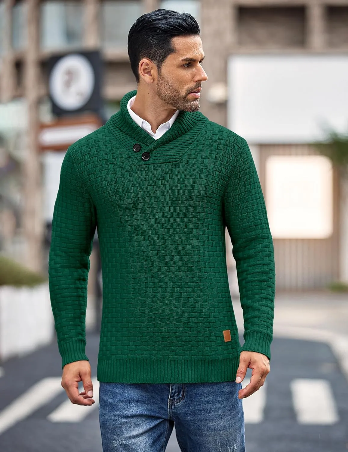 COOFANDY Men's Shawl Collar Pullover Sweater Casual Slim Fit Button Textured Knit Sweaters