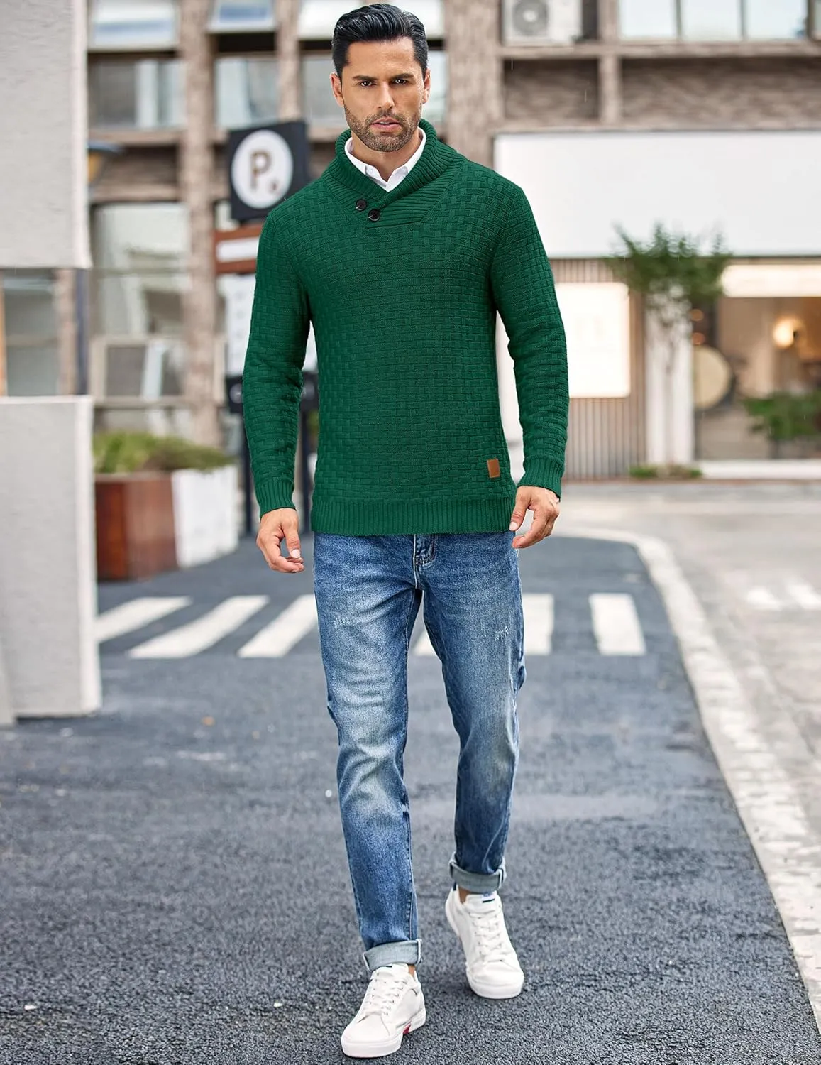 COOFANDY Men's Shawl Collar Pullover Sweater Casual Slim Fit Button Textured Knit Sweaters