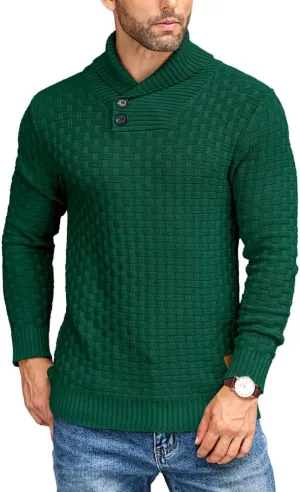 COOFANDY Men's Shawl Collar Pullover Sweater Casual Slim Fit Button Textured Knit Sweaters