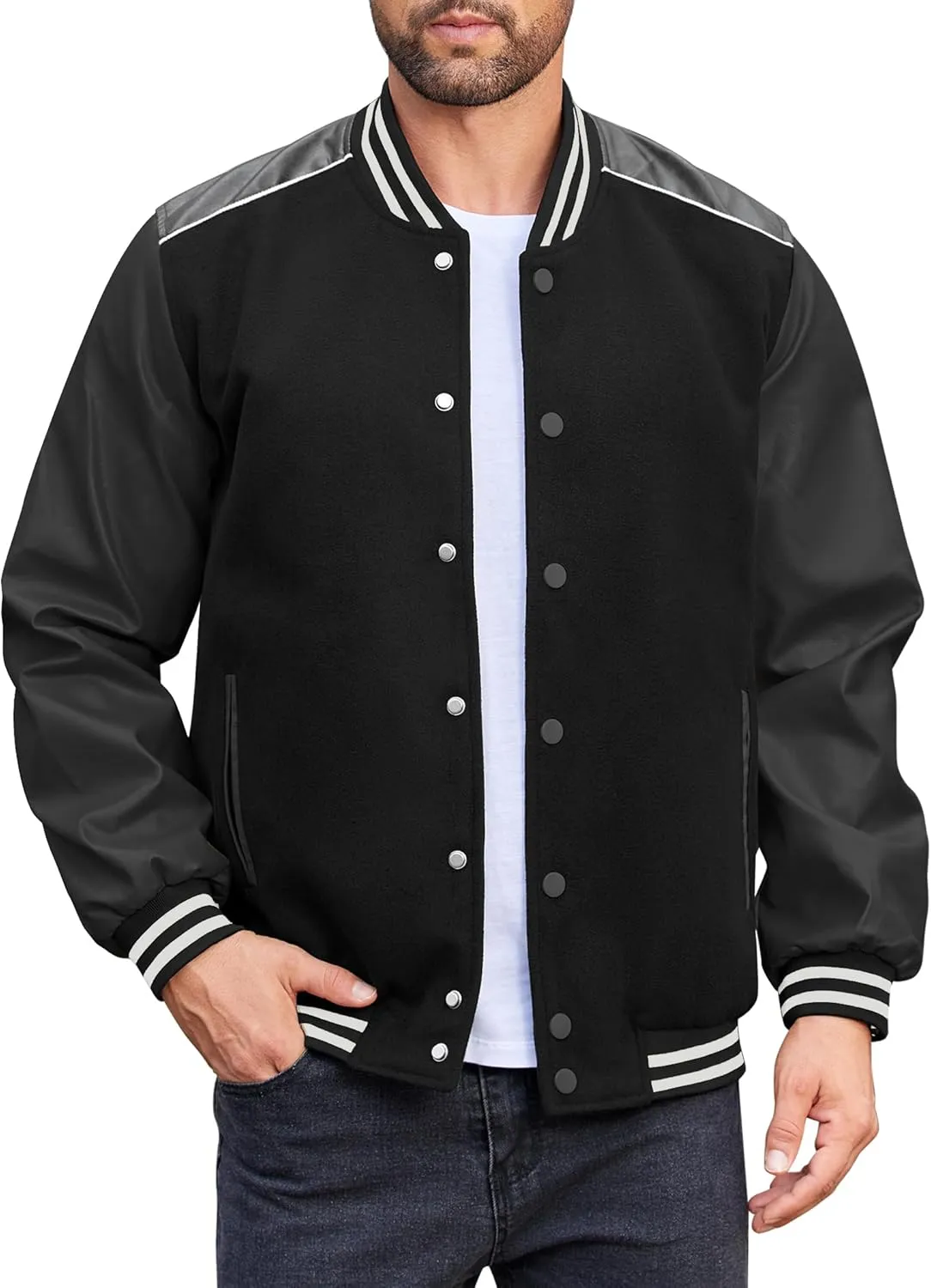 COOFANDY Mens Varsity Jacket Casual Leather Sleeve Baseball Letterman Bomber Jacket Coat