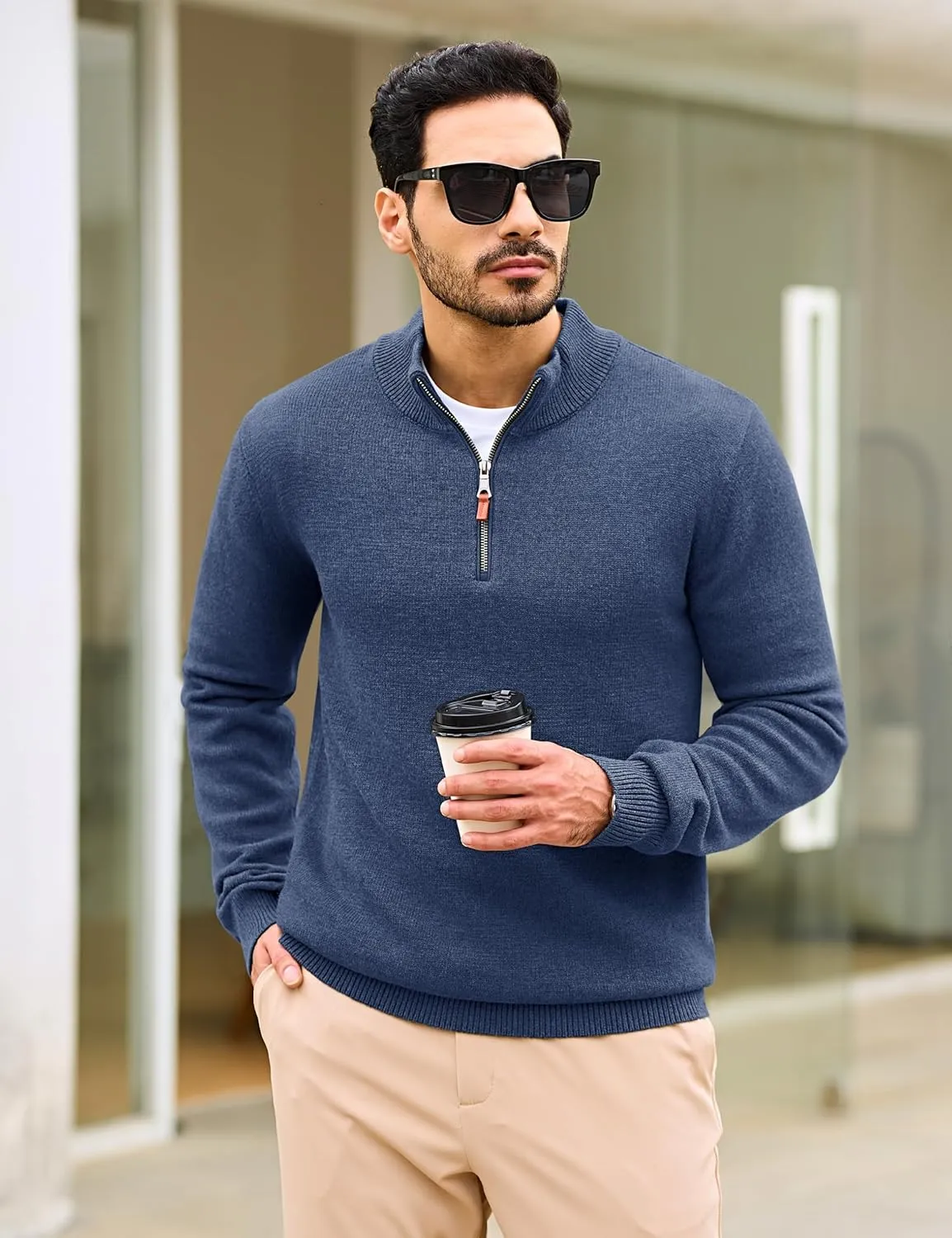 Cotrasen Mens Sweater Quarter Zip Pullover Casual Knit Cotton Long Sleeve Mock Neck Polo Sweaters