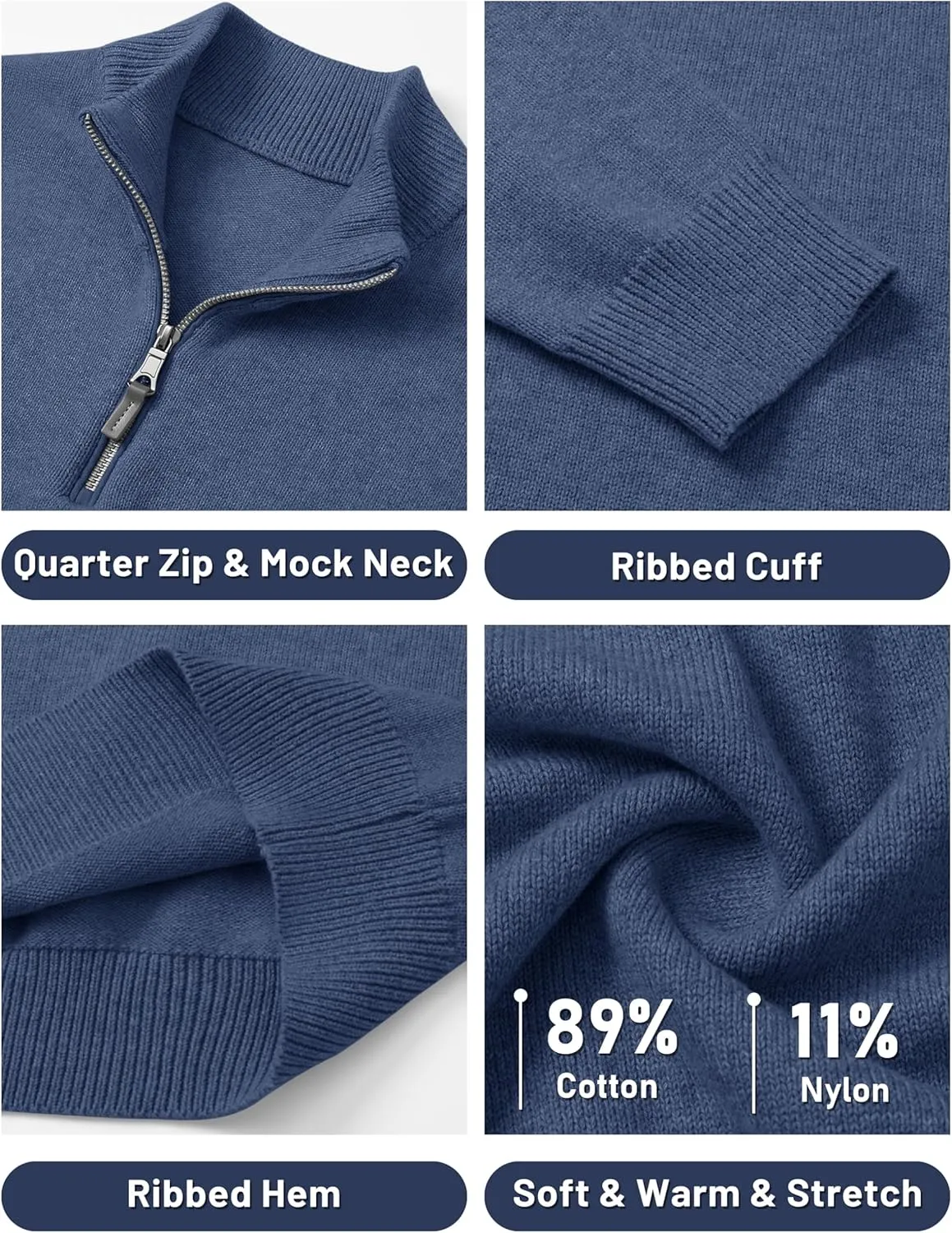 Cotrasen Mens Sweater Quarter Zip Pullover Casual Knit Cotton Long Sleeve Mock Neck Polo Sweaters