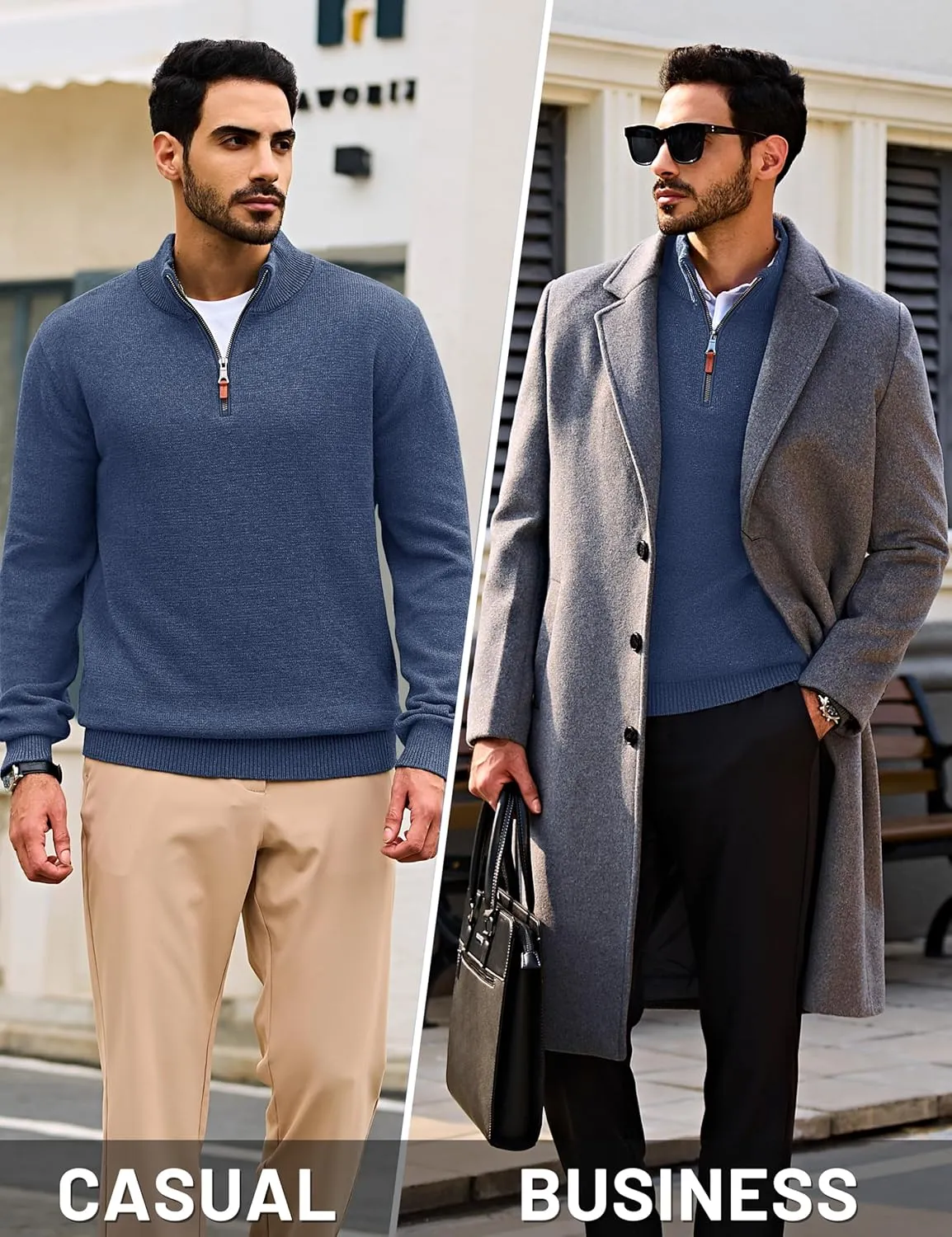 Cotrasen Mens Sweater Quarter Zip Pullover Casual Knit Cotton Long Sleeve Mock Neck Polo Sweaters