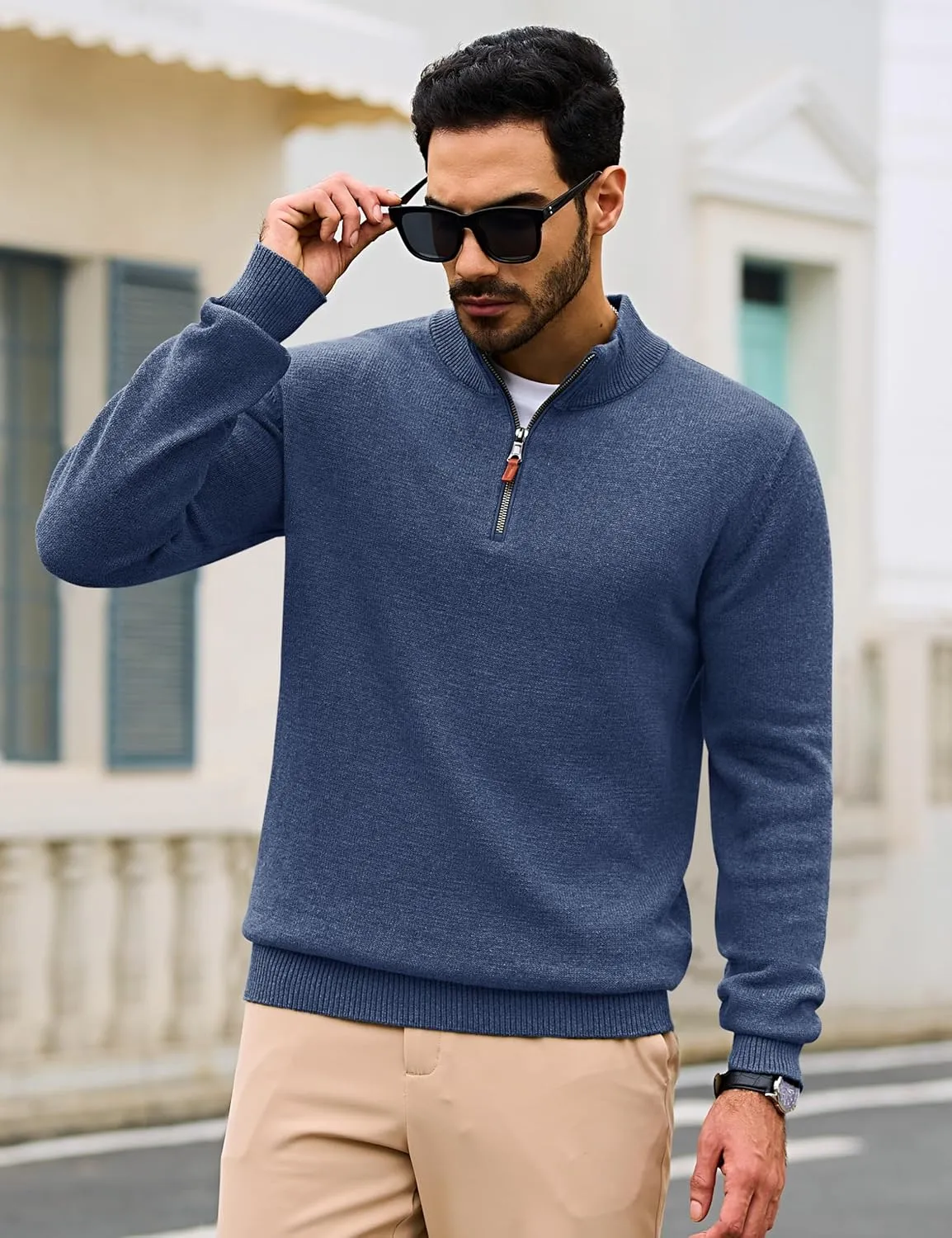 Cotrasen Mens Sweater Quarter Zip Pullover Casual Knit Cotton Long Sleeve Mock Neck Polo Sweaters