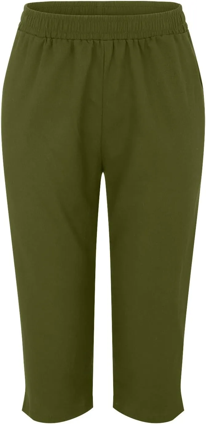 Cotton Linen Capris for Women Elastic High Waist Straight Leg Lounge Pants Casual Slacks Summer Trouser with Pockets